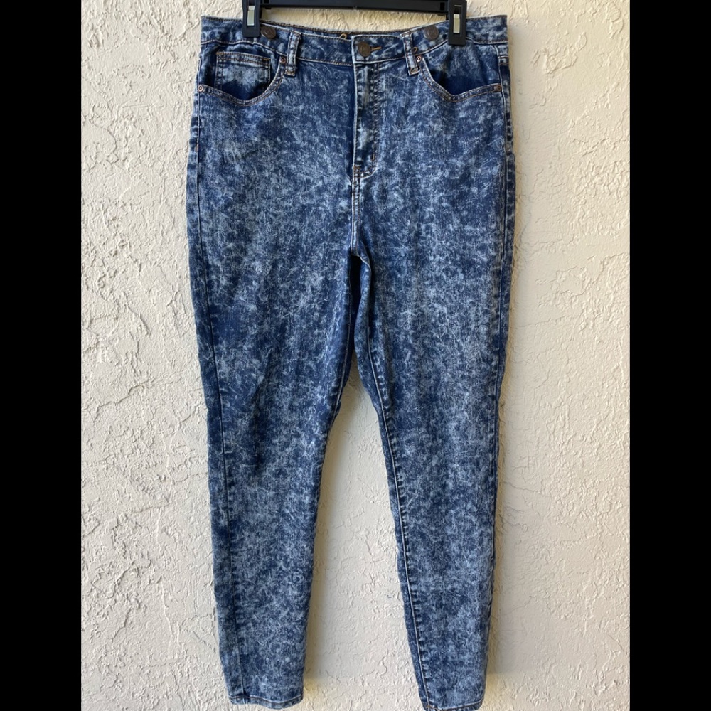 Revolt Jeans Skinny Leg Suspenders Blue Marbled Sz 13 35" W EUC